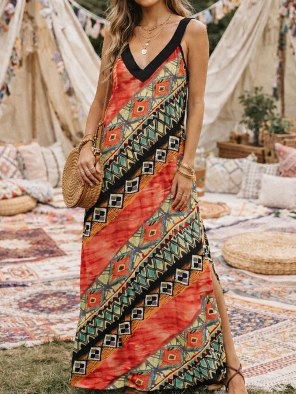 Gitane Vibrant Coral Tribal Print Maxi Dress Boho Festival Sleeveless Flowy